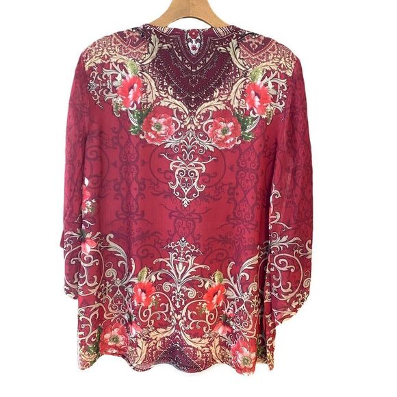 JM Collection Sz S Red Paisley Bohemian Flowy Lightweight Flared Sleeve Blouse - Picture 2 of 7
